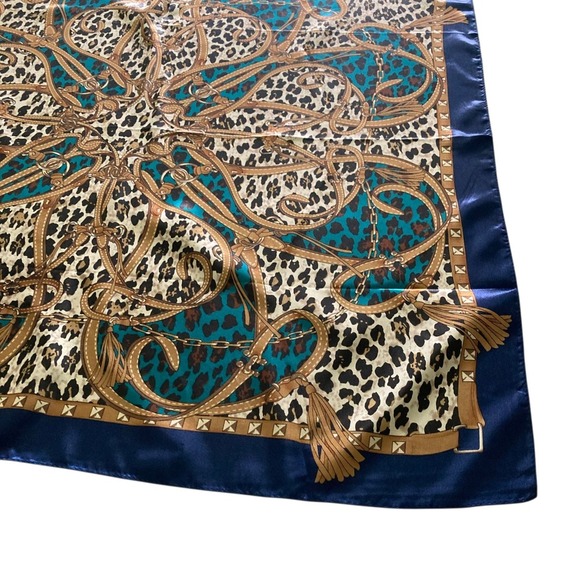 Satin Square Leopard Chain Bit Bridle Boho Scarf Neck teal blue Old Money 💖 - Picture 4 of 16